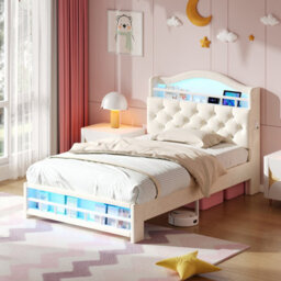 Btm 3Ft Velvet Led Bed With Charging Station & Storage Headboard, Beige (No Mattress) - thumbnail 3