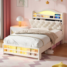 Btm 3Ft Velvet Led Bed With Charging Station & Storage Headboard, Beige (No Mattress) - thumbnail 2