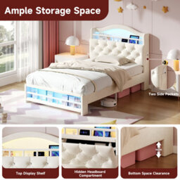 Btm 3Ft Velvet Led Bed With Charging Station & Storage Headboard, Beige (No Mattress) - thumbnail 7