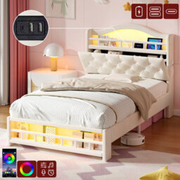 Btm 3Ft Velvet Led Bed With Charging Station & Storage Headboard, Beige (No Mattress) - thumbnail 1