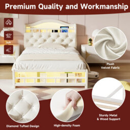 Btm 3Ft Velvet Led Bed With Charging Station & Storage Headboard, Beige (No Mattress) - thumbnail 6