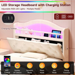Btm 3Ft Velvet Led Bed With Charging Station & Storage Headboard, Beige (No Mattress) - thumbnail 8