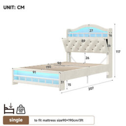 Btm 3Ft Velvet Led Bed With Charging Station & Storage Headboard, Beige (No Mattress) - thumbnail 9