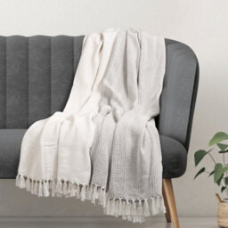 Ehc Premium Pack Of 2 Cross-Stitch Throws For Sofa / Chair Blanket,125 X 150Cm - Grey / Ivory - thumbnail 2