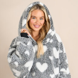 Ohs Heart Hoodie Blanket Extra Long Soft Oversized Wearable Throw - Black - thumbnail 4
