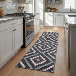 Bravich Hard Wearing Hessian Backed Stair Runner Kitchen Mat - Texas Pink & Grey Geometric Tiles - 60X150Cm (2'x5') - thumbnail 2
