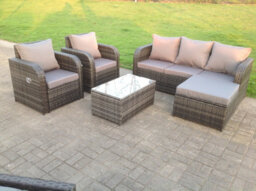Fimous Grey Wicker Rattan Garden Furniture Set Lounge Sofa Reclining Chair Outdoor Big Footstool 6 Seater Oblong Table - thumbnail 4