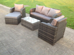 Fimous Grey Wicker Rattan Garden Furniture Set Lounge Sofa Reclining Chair Outdoor Big Footstool 6 Seater Oblong Table - thumbnail 5