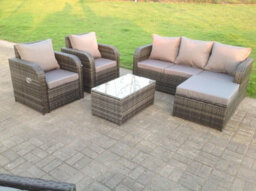 Fimous Grey Wicker Rattan Garden Furniture Set Lounge Sofa Reclining Chair Outdoor Big Footstool 6 Seater Oblong Table - thumbnail 2
