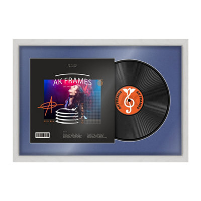 "AK Frames 25X17"" White Ash Modern Vinyl Record Frame With Blue Mount For 12 Inch Lp Cover & Disc - Overlapped Design" - image 1