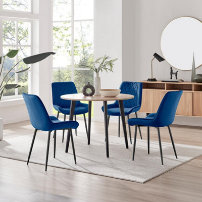 Furniturebox Uk Koko Oak Effect Round Dining Table & 4 Navy Pesaro Black Leg Chairs - image 1