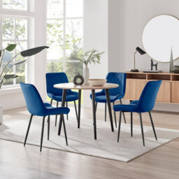 Furniturebox Uk Koko Oak Effect Round Dining Table & 4 Navy Pesaro Black Leg Chairs - thumbnail 1
