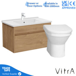 Vitra 800mm Wall Hung Bathroom Vanity Unit With 1 Drawer Includes Basin, Chrome Tap And Back To Wall Toilet - Golden Oak - thumbnail 1