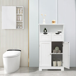 Costway Bathroom Floor Cabinet Wooden Kitchen Storage Cupboard W/ Adjustable Shelf & Doors - thumbnail 4