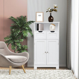Costway Bathroom Floor Cabinet Wooden Kitchen Storage Cupboard W/ Adjustable Shelf & Doors - thumbnail 3