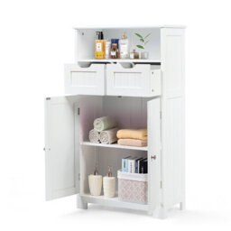 Costway Bathroom Floor Cabinet Wooden Kitchen Storage Cupboard W/ Adjustable Shelf & Doors