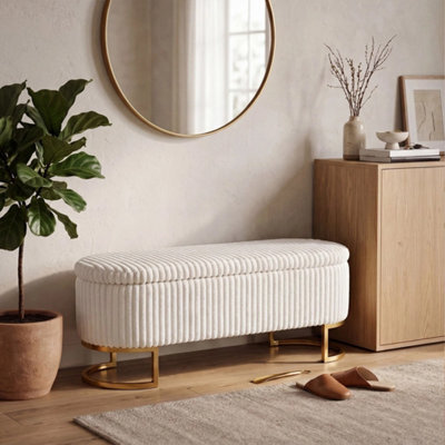 Ottoman Storage Box Bench White Upholstered Seat Footstool Gold Leg - image 1