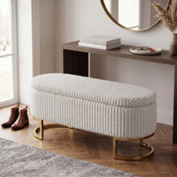 Ottoman Storage Box Bench White Upholstered Seat Footstool Gold Leg - thumbnail 3