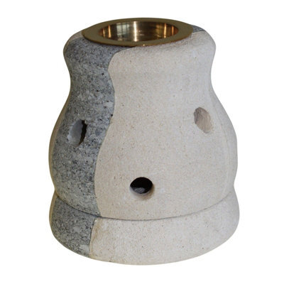 Serenityy Stone Oil Burner - Hand-Carved Indonesian Sandstone With Glass Bowl, Combo Shaped, Gray And Beige, Pack Of 1