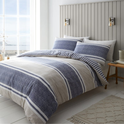 Catherine Lansfield Bedding Textured Banded Stripe Duvet Cover Set With Pillowcases Blue - image 1