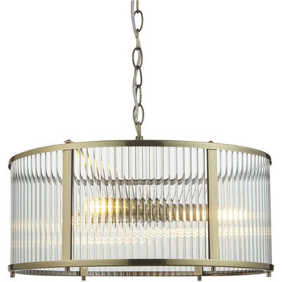 Loops Hanging Ceiling Pendant Light - Antique Brass Plate & Clear Ribbed Glass - 3 X 6W Led E14 - image 1