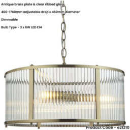 Loops Hanging Ceiling Pendant Light - Antique Brass Plate & Clear Ribbed Glass - 3 X 6W Led E14 - thumbnail 2