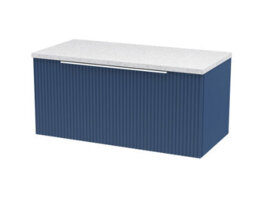 Hudson Reed Fluted Wall Hung 1-Drawer Vanity & Sparkling White Laminate Worktop, Counter Top Vanity Unit In Satin Blue, 1200mm - thumbnail 1