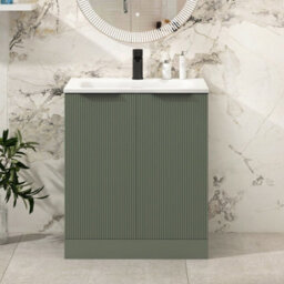 Royal Bathrooms Evora 700mm Sage Green Fluted Floor Standing Bathroom Vanity Unit 2 Door Cabinet Storage With Stone Basin & Matt Black Handles