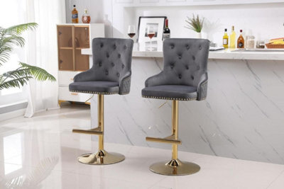 Hygrad Built to Survive Set Of 2 Modern Velvet Kitchen Bar Stools Swivel Breakfast Counter Chairs With Lion Knocker, Gas Lift & Gold Metal Base - image 1