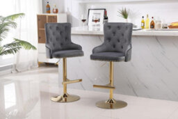 Hygrad Built to Survive Set Of 2 Modern Velvet Kitchen Bar Stools Swivel Breakfast Counter Chairs With Lion Knocker, Gas Lift & Gold Metal Base - thumbnail 3