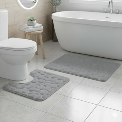 2 Piece Pebble Design Memory Foam Bath Mat Set Soft Absorbent Non-Slip Bathroom Silver - image 1