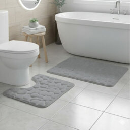 2 Piece Pebble Design Memory Foam Bath Mat Set Soft Absorbent Non-Slip Bathroom Silver
