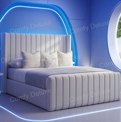 Comfy Deluxe Coffee Lumicloud Wing  Plush 3Ft Single Bed Frame With 54Inch Headboard Solid Base