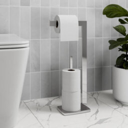 Aveli Freestanding Toilet Roll Holder Floor Standing Bathroom Modern Wc Square Floor Chrome Storage