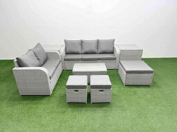 Fimous 8 Seater Pe Rattan Wicker Garden Furniture Set Rectangular Coffee Table 3 Seater Sofa Love Sofa 3 Stool 2 Side Table - thumbnail 1