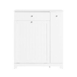 Sobuy Bzr214-W, Tall Slim Bathroom Storage Cabinet With 1 Drawer & 2 Laundry Hampers And Side Pull-Out Shelf,white - thumbnail 1