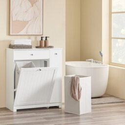 Sobuy Bzr214-W, Tall Slim Bathroom Storage Cabinet With 1 Drawer & 2 Laundry Hampers And Side Pull-Out Shelf,white - thumbnail 2