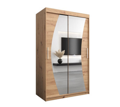 Arte Wave Contemporary 2 Mirrored Sliding Door Wardrobe 5 Shelves 2 Rails Oak Artisan Effect (H)2000mm (W)1200mm (D)620mm - image 1
