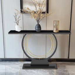 Hygrad Built to Survive 120Cm Wide Free Standing Narrow Slim Marble Effect Sintered Stone Metal Half Moon Base Console Sofa End Table Hallway Furniture - thumbnail 1
