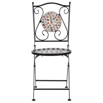 Wyld And Coco Black Metal Folding Garden Chairs Set Of 2 With Mosaic Backrest, Cement Accents, Fold-Flat Design - image 1