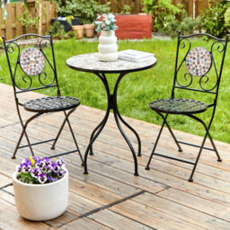 Wyld And Coco Black Metal Folding Garden Chairs Set Of 2 With Mosaic Backrest, Cement Accents, Fold-Flat Design - thumbnail 2