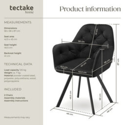 Tectake Set Of 2 Armchair Lucia - Padded, Quilted Pattern, 180 Degree Swivel Chair  - Black - thumbnail 6