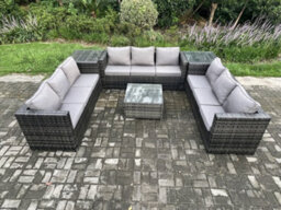 Fimous 9 Seater Rattan Garden Furniture Set Patio Outdoor Lounge Sofa Set With 2 Side Tables Square Coffee Table - thumbnail 2