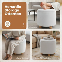Gainoom Round White Storage Ottoman Chenille Fabric Footrest Stool 35L Upholstered Ottoman With Hidden Storage Space - thumbnail 7