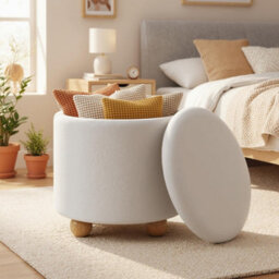 Gainoom Round White Storage Ottoman Chenille Fabric Footrest Stool 35L Upholstered Ottoman With Hidden Storage Space - thumbnail 1