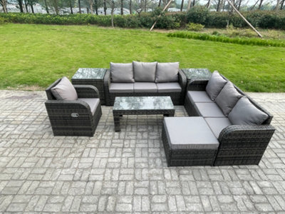 Fimous 8 Seater Outdoor Lounge Sofa Set Rattan Garden Furniture Set With Rectangular Coffee Table Big Footstool 3 Seater Sofa - image 1
