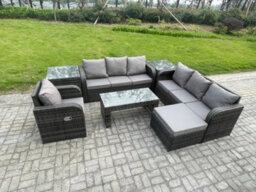 Fimous 8 Seater Outdoor Lounge Sofa Set Rattan Garden Furniture Set With Rectangular Coffee Table Big Footstool 3 Seater Sofa - thumbnail 2