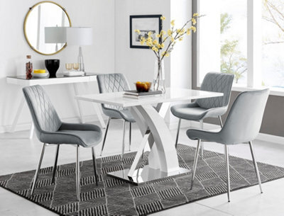 Furniturebox Atlanta White High Gloss And Chrome 4 Seater Dining Table With Statement X Shaped Legs And 4 Grey Velvet Pesaro Chairs - image 1