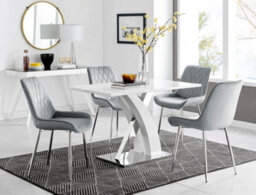 Furniturebox Atlanta White High Gloss And Chrome 4 Seater Dining Table With Statement X Shaped Legs And 4 Grey Velvet Pesaro Chairs - thumbnail 1