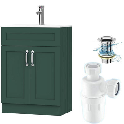 Belofay 600mm Bathroom Vanity Unit With Basin, White Ceramic Bathroom Sink With Trap And Waste, No Tap Included(Crawley Green) - image 1